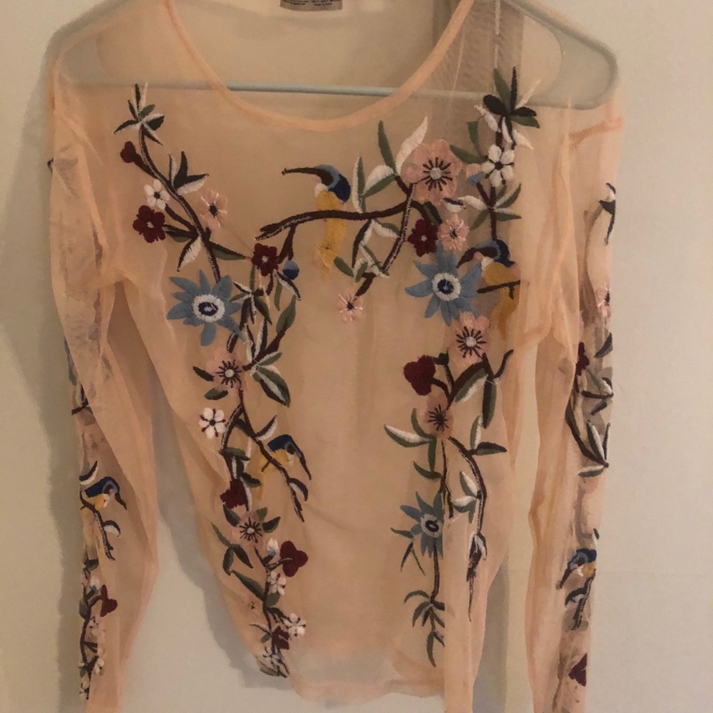 Zara Peach sheer embroidered top Size S
